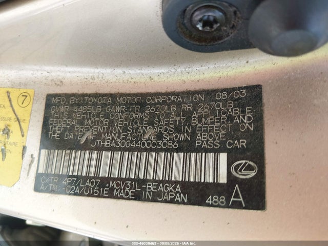 2004 Lexus Es 330 მანქანა იყიდება აუქციონზე, vin: JTHBA30G440003086, აუქციონის ნომერი: 46038463
