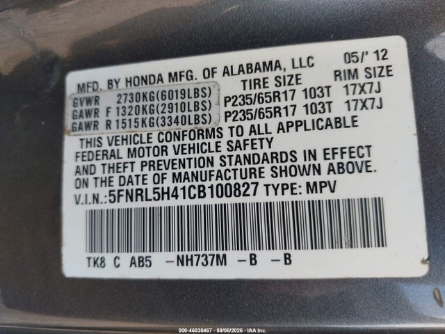 2012 Honda Odyssey Ex მანქანა იყიდება აუქციონზე, vin: 5FNRL5H41CB100827, აუქციონის ნომერი: 46038467