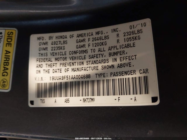 46038468 :رقم المزاد ، 19UUA9F51AA004688 vin ، 2010 Acura Tl 3.7 مزاد بيع