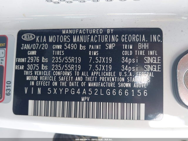 Aukcja sprzedaży 2020 Kia Sorento 3.3l S, vin: 5XYPG4A52LG666156, numer aukcji: 46038475