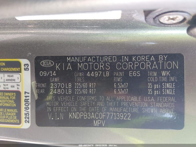 Aukcja sprzedaży 2015 Kia Sportage Lx, vin: KNDPB3AC0F7713922, numer aukcji: 46038478