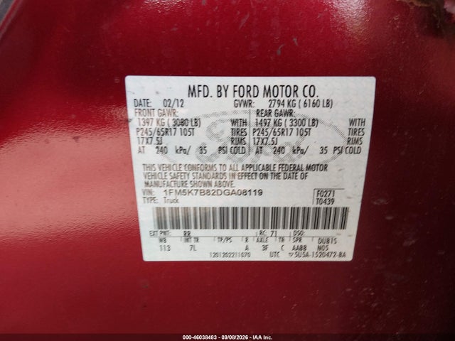 Продаж на аукціоні авто 2013 Ford Explorer, vin: 1FM5K7B82DGA08119, номер лоту: 46038483