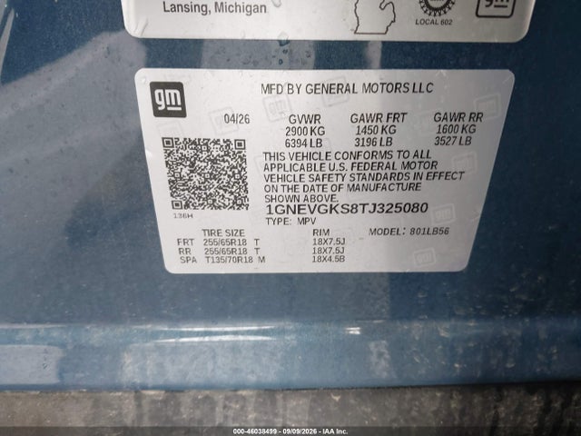 46038499 :رقم المزاد ، 1GNEVGKS8TJ325080 vin ، 2026 Chevrolet Traverse Awd Lt مزاد بيع