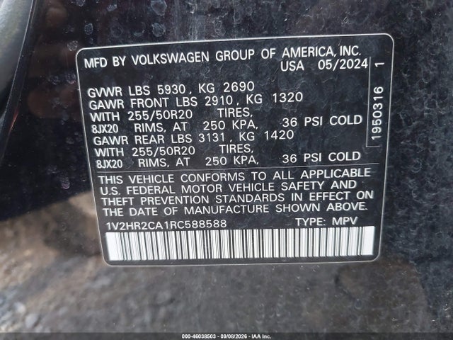 Aukcja sprzedaży 2024 Volkswagen Atlas 2.0t Se W/technology, vin: 1V2HR2CA1RC588588, numer aukcji: 46038503