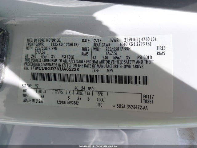 Ford ESCAPE SE 2019 1FMCU9GD7KUA65238 Image 9