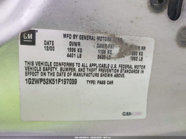 46038518 :رقم المزاد ، 1G2WP52K51F197039 vin ، 2001 Pontiac Grand Prix Gt مزاد بيع
