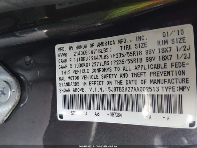 2010 Acura Rdx მანქანა იყიდება აუქციონზე, vin: 5J8TB2H27AA002513, აუქციონის ნომერი: 46038523