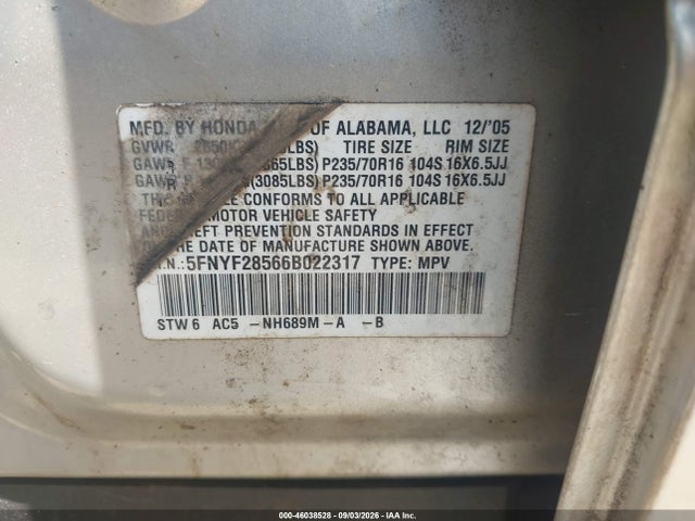 Продажа на аукционе авто 2006 Honda Pilot Ex-l, vin: 5FNYF28566B022317, номер лота: 46038528