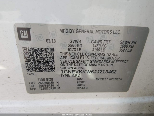 2018 Chevrolet Traverse High Country მანქანა იყიდება აუქციონზე, vin: 1GNEVKKW6JJ213462, აუქციონის ნომერი: 46038532