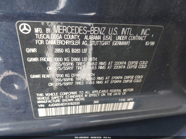 Продаж на аукціоні авто 2000 Mercedes-benz Ml 320, vin: 4JGAB54EXYA152533, номер лоту: 46038538