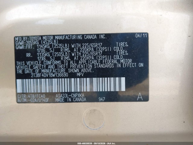 Продажа на аукционе авто 2011 Toyota Rav4, vin: 2T3BF4DV1BW136690, номер лота: 46038539