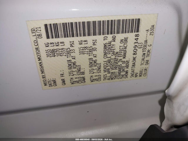 Auction sale of the 2021 Nissan Rogue Sv Fwd, vin: 5N1AT3BA3MC809348, lot number: 46038540