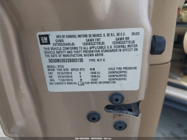 46038550 :رقم المزاد ، 3G5DB03E23S605130 vin ، 2003 Buick Rendezvous Cx مزاد بيع