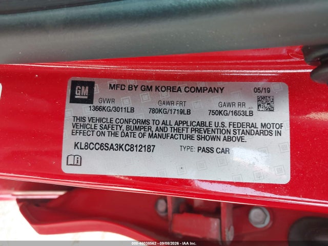 46038562 :رقم المزاد ، KL8CC6SA3KC812187 vin ، 2019 Chevrolet Spark 1lt Manual مزاد بيع