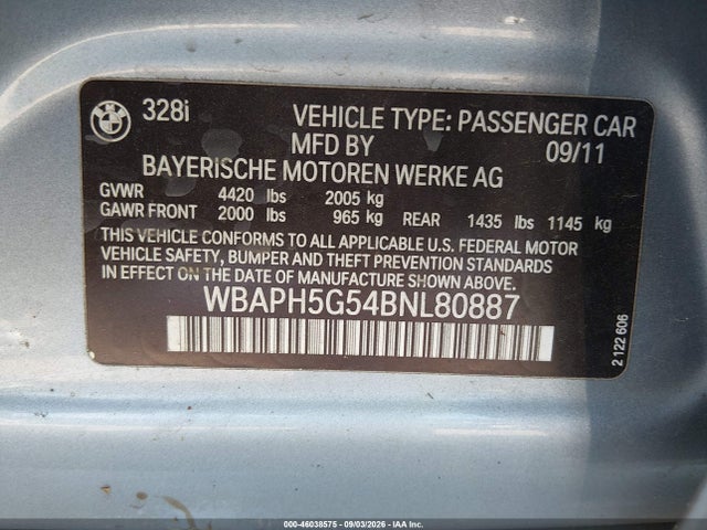 Продажа на аукционе авто 2011 Bmw 328i, vin: WBAPH5G54BNL80887, номер лота: 46038575