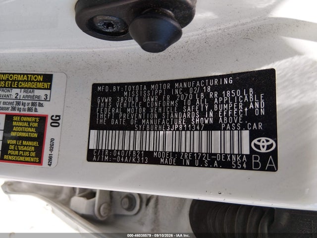 Продажа на аукционе авто 2018 Toyota Corolla Le, vin: 5YFBURHE3JP811347, номер лота: 46038579