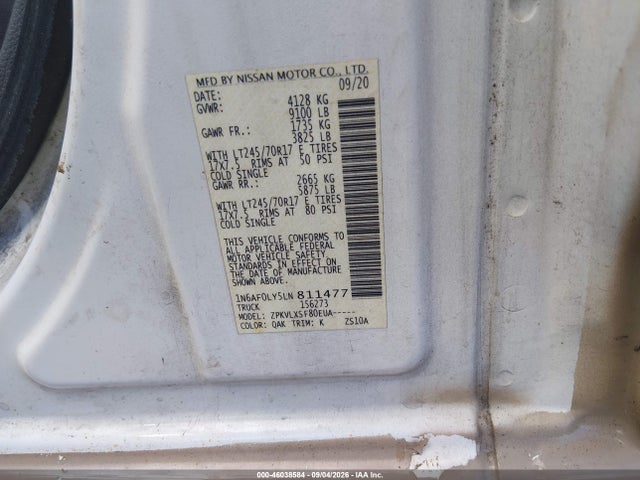 Продажа на аукционе авто 2020 Nissan Nv Cargo Nv2500 Hd Sv High Roof V8, vin: 1N6AF0LY5LN811477, номер лота: 46038584