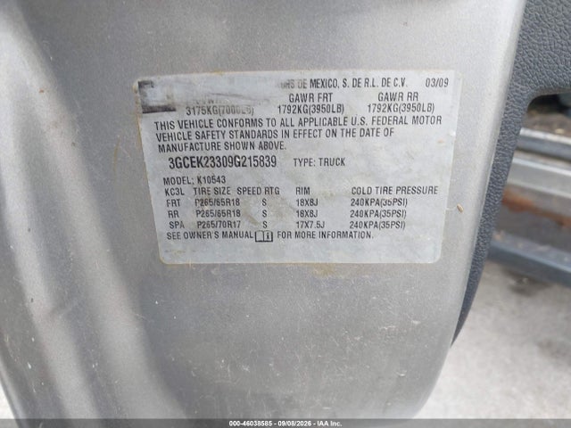 46038585 :رقم المزاد ، 3GCEK23309G215839 vin ، 2009 Chevrolet Silverado 1500 Lt مزاد بيع