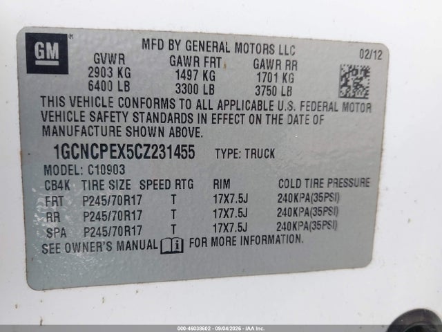 Aukcja sprzedaży 2012 Chevrolet Silverado 1500 Work Truck, vin: 1GCNCPEX5CZ231455, numer aukcji: 46038602