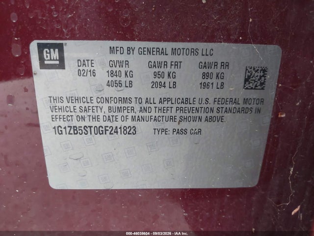 46038604 :رقم المزاد ، 1G1ZB5ST0GF241823 vin ، 2016 Chevrolet Malibu Ls مزاد بيع