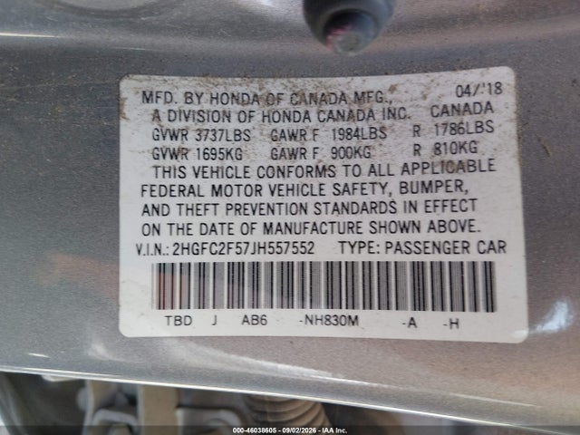 2018 Honda Civic Lx მანქანა იყიდება აუქციონზე, vin: 2HGFC2F57JH557552, აუქციონის ნომერი: 46038605