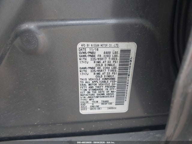 2017 Nissan Rogue S მანქანა იყიდება აუქციონზე, vin: JN8AT2MT5HW385354, აუქციონის ნომერი: 46038609