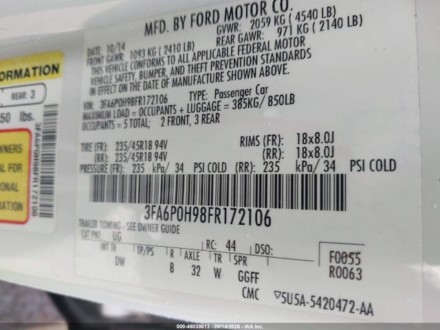 Продаж на аукціоні авто 2015 Ford Fusion Se, vin: 3FA6P0H98FR172106, номер лоту: 46038613