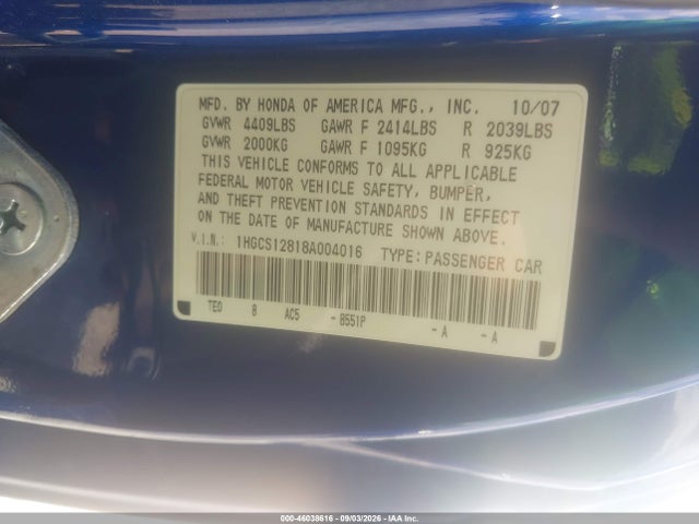 Aukcja sprzedaży 2008 Honda Accord 2.4 Ex-l, vin: 1HGCS12818A004016, numer aukcji: 46038616