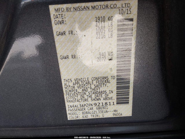 2015 Nissan Altima 2.5 S მანქანა იყიდება აუქციონზე, vin: 1N4AL3AP2FN921811, აუქციონის ნომერი: 46038619