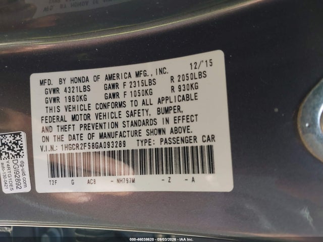Aukcja sprzedaży 2016 Honda Accord Sport, vin: 1HGCR2F58GA093289, numer aukcji: 46038620