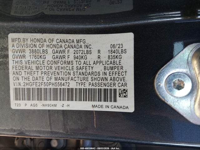 Продаж на аукціоні авто 2023 Honda Civic Sport, vin: 2HGFE2F50PH556472, номер лоту: 46038642