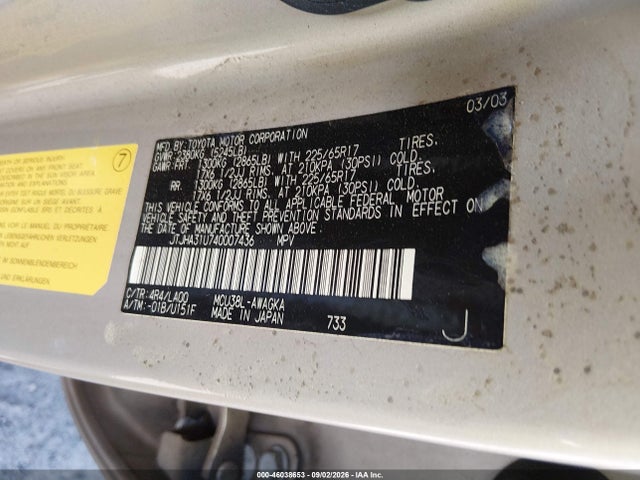 46038653 :رقم المزاد ، JTJHA31U740007436 vin ، 2004 Lexus Rx 330 مزاد بيع