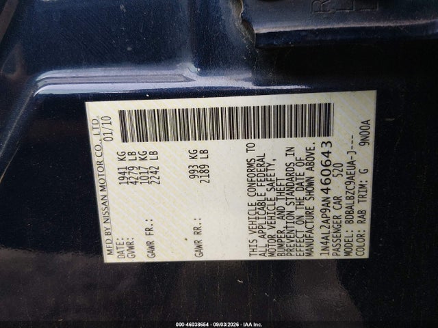 Продаж на аукціоні авто 2010 Nissan Altima 2.5 S, vin: 1N4AL2AP9AN460643, номер лоту: 46038654