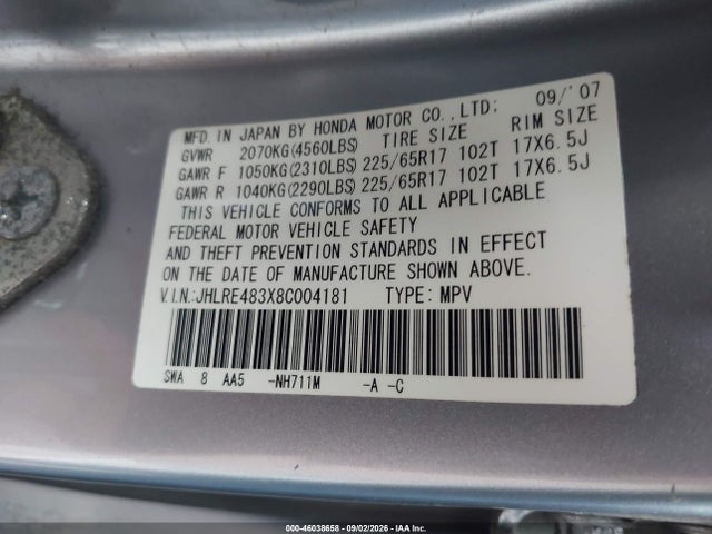 Продаж на аукціоні авто 2008 Honda Cr-v Lx, vin: JHLRE483X8C004181, номер лоту: 46038658