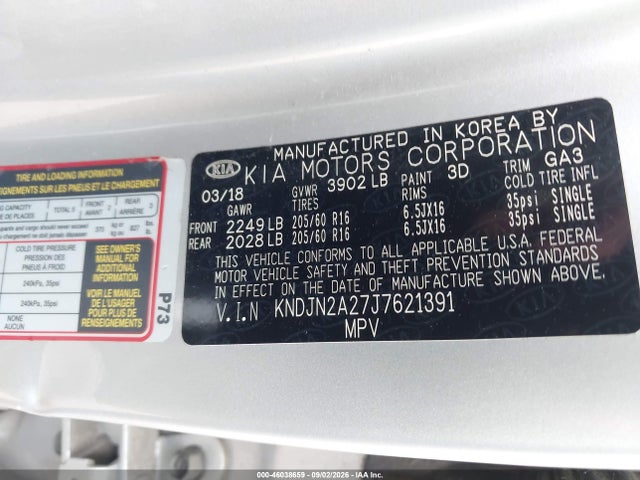46038659 :رقم المزاد ، KNDJN2A27J7621391 vin ، 2018 Kia Soul مزاد بيع