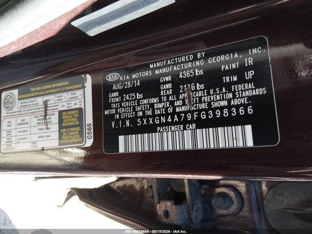46038666 :رقم المزاد ، 5XXGN4A79FG398366 vin ، 2015 Kia Optima Ex مزاد بيع