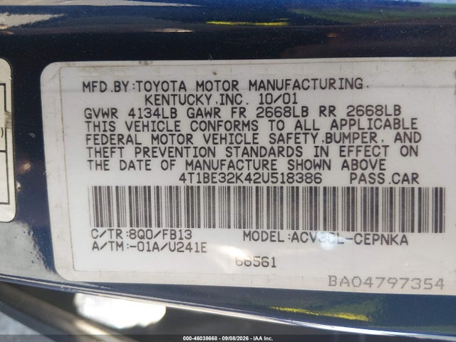 Aukcja sprzedaży 2002 Toyota Camry Le, vin: 4T1BE32K42U518386, numer aukcji: 46038668