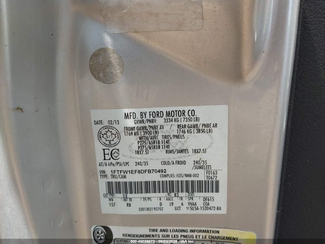 2013 Ford F-150 Fx4 მანქანა იყიდება აუქციონზე, vin: 1FTFW1EF8DFB70492, აუქციონის ნომერი: 46038673