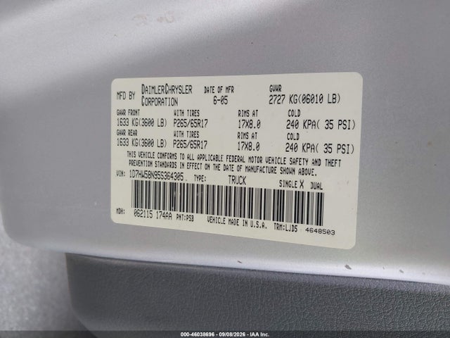 Продаж на аукціоні авто 2005 Dodge Dakota Laramie, vin: 1D7HW58N95S364305, номер лоту: 46038696