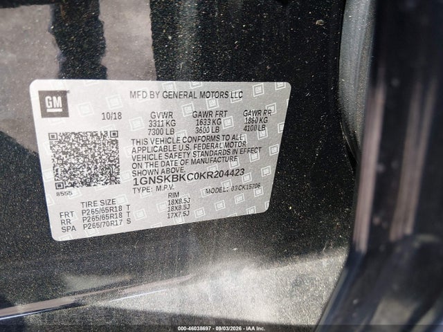 Aukcja sprzedaży 2019 Chevrolet Tahoe Lt, vin: 1GNSKBKC0KR204423, numer aukcji: 46038697