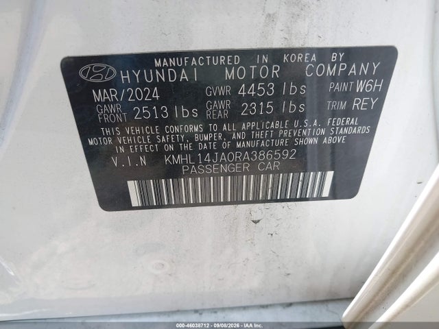 2024 Hyundai Sonata Sel მანქანა იყიდება აუქციონზე, vin: KMHL14JA0RA386592, აუქციონის ნომერი: 46038712