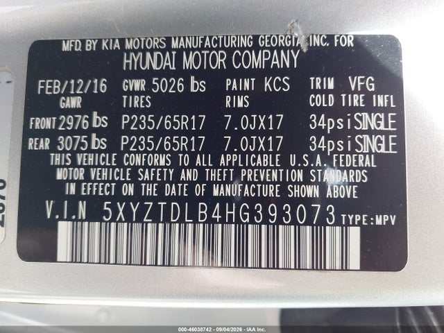 Продажа на аукционе авто 2017 Hyundai Santa Fe Sport 2.4l, vin: 5XYZTDLB4HG393073, номер лота: 46038742