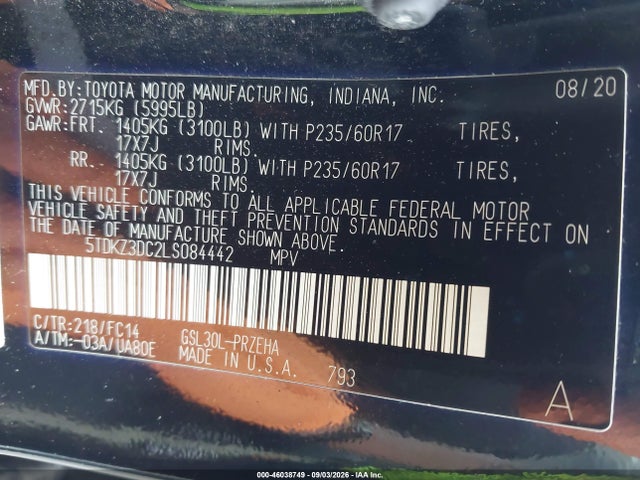 46038749 :رقم المزاد ، 5TDKZ3DC2LS084442 vin ، 2020 Toyota Sienna Le مزاد بيع