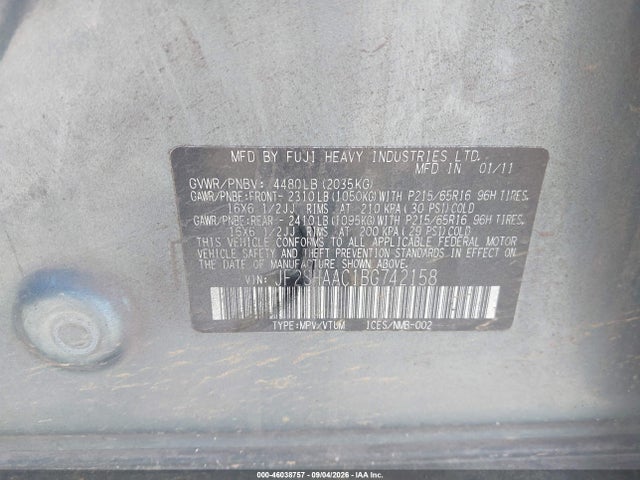 2011 Subaru Forester 2.5x მანქანა იყიდება აუქციონზე, vin: JF2SHAAC1BG742158, აუქციონის ნომერი: 46038757