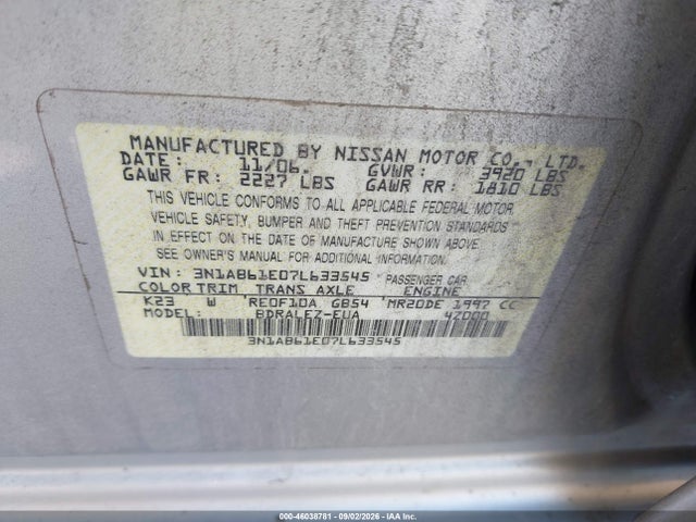 Aukcja sprzedaży 2007 Nissan Sentra 2.0s, vin: 3N1AB61E07L633545, numer aukcji: 46038781