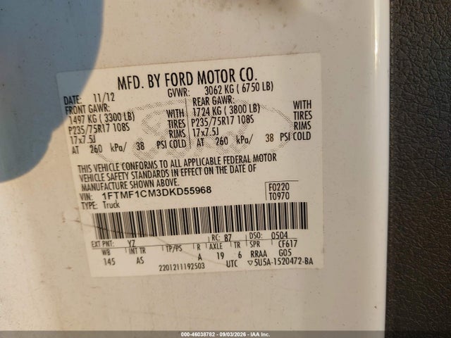 46038782 :رقم المزاد ، 1FTMF1CM3DKD55968 vin ، 2013 Ford F-150 Xl مزاد بيع