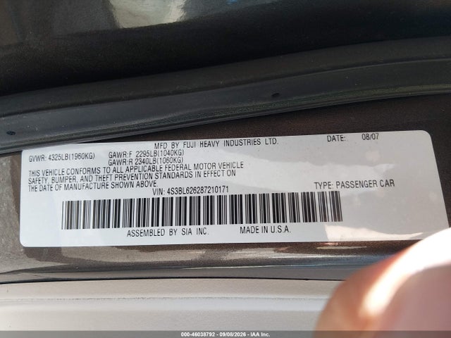 2008 Subaru Legacy 2.5i Limited მანქანა იყიდება აუქციონზე, vin: 4S3BL626287210171, აუქციონის ნომერი: 46038792