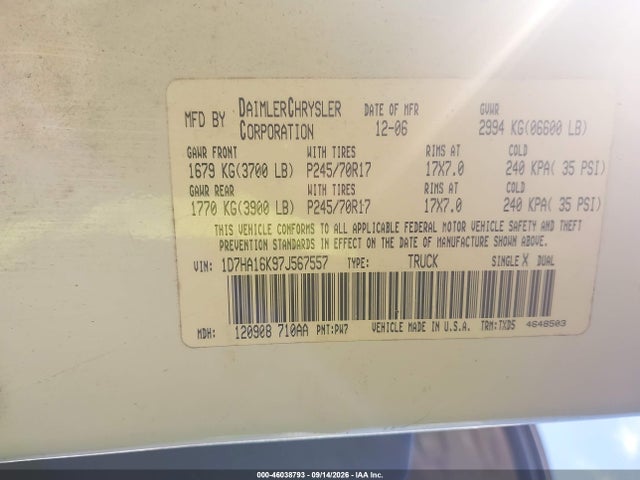 Продаж на аукціоні авто 2007 Dodge Ram 1500 St, vin: 1D7HA16K97J567557, номер лоту: 46038793