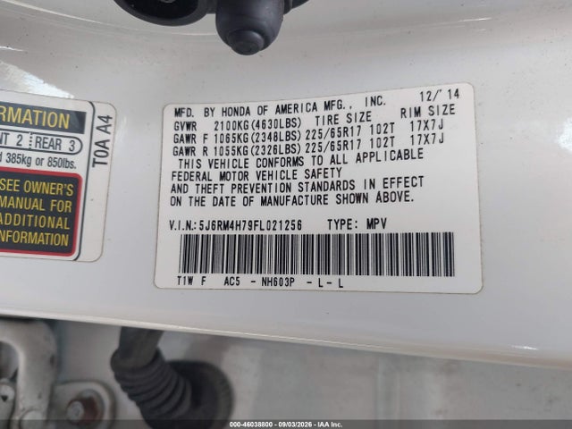 Продаж на аукціоні авто 2015 Honda Cr-v Ex-l, vin: 5J6RM4H79FL021256, номер лоту: 46038800