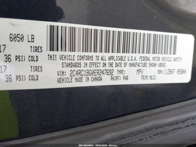 46038802 :رقم المزاد ، 2C4RC1BG0ER247692 vin ، 2014 Chrysler Town & Country Touring مزاد بيع